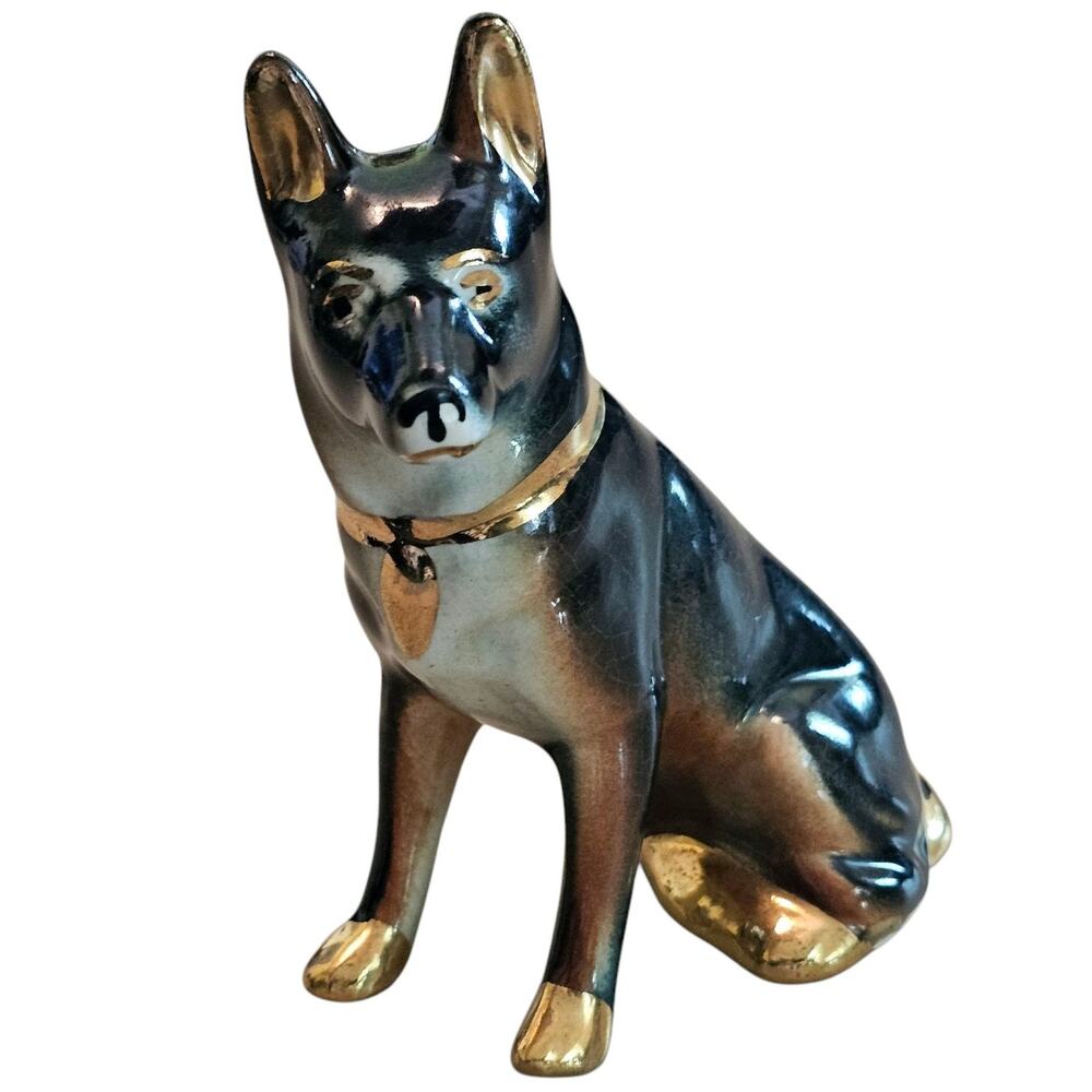 Vintage German Shepherd Figurine – 6" – Green, Brown & Gold Accents